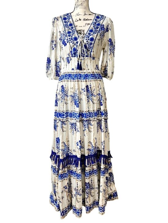 Me 2 Magic Anthropologie Maxi Dress Bohemian Blue Floral Print Tassel Size XL - Picture 1 of 7